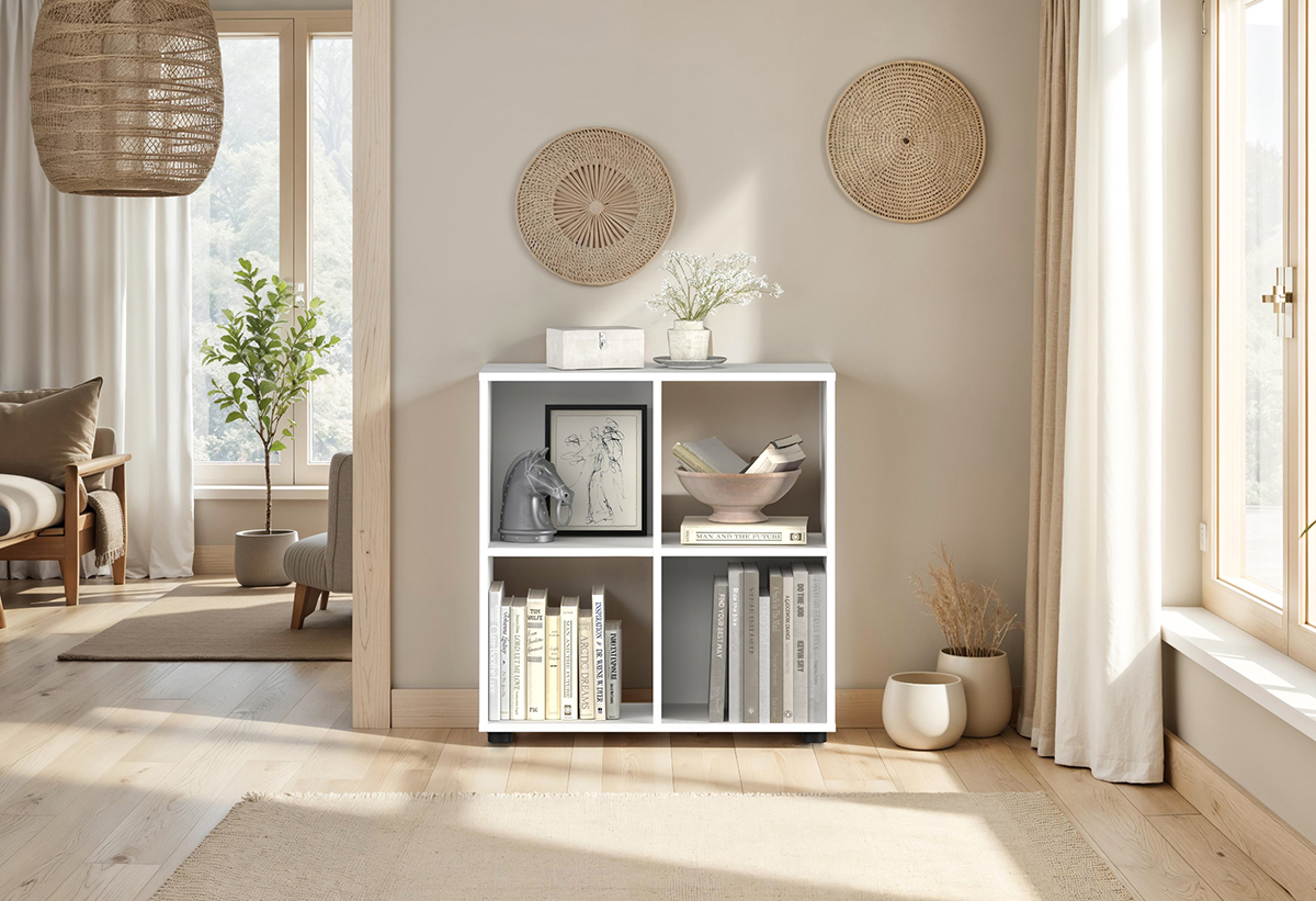 Απεικονίζεται η βιβλιοθήκη στον τοίχο ενός δωματίου, γεμάτη με κουτιά αποθήκευσης, βιβλία και διακοσμητικά.